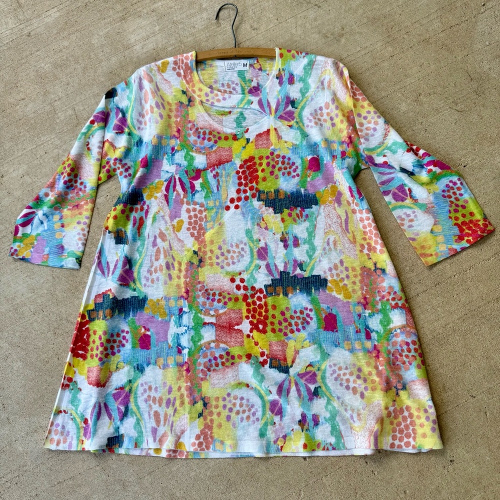 ATELIER5 by Gozde Yilmaz 
3/4 Sleeve Multicolor Abstract Artsy Tunic Top Size M